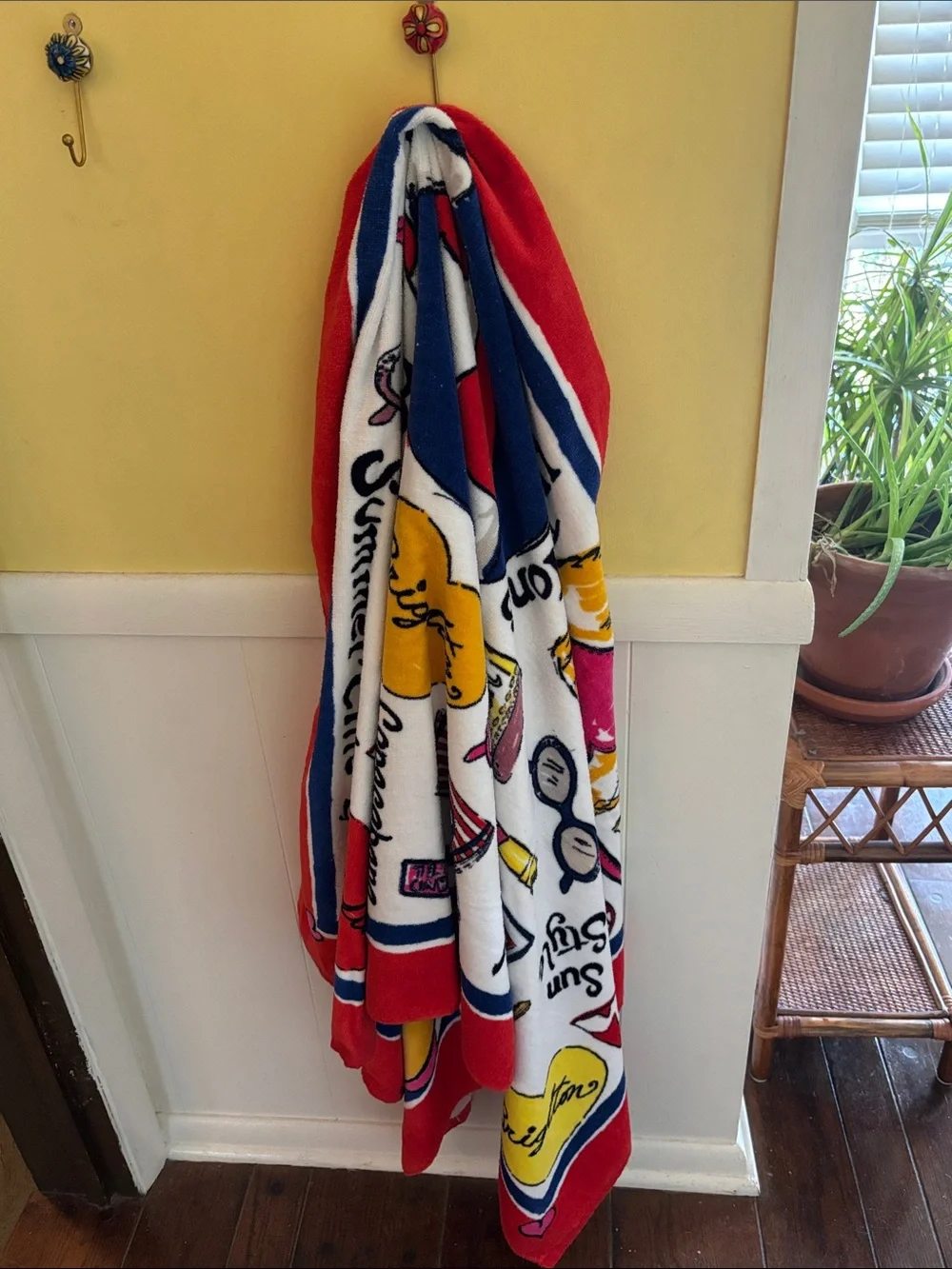 Brighton Multicolor Beach Towel with Red Border and Pink, Yellow & Green Accents